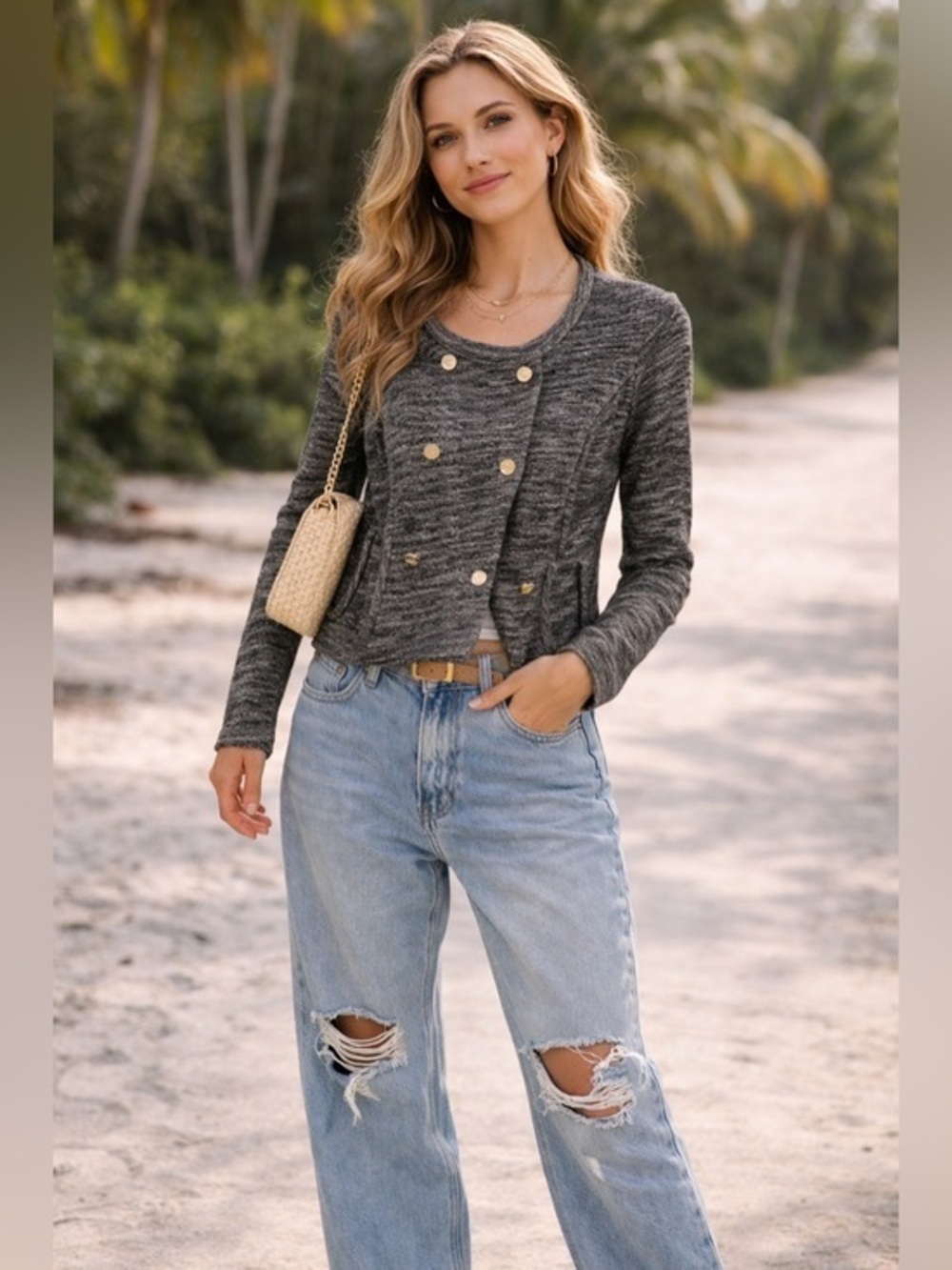 Vintage Juicy Couture Gray Space Dyed Double Breasted Ruffle Back Cardigan P